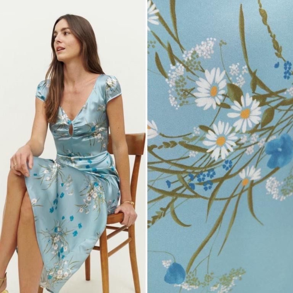 Reformation 100% Silk Light Blue Floral Scottie Midi Dress in Lago